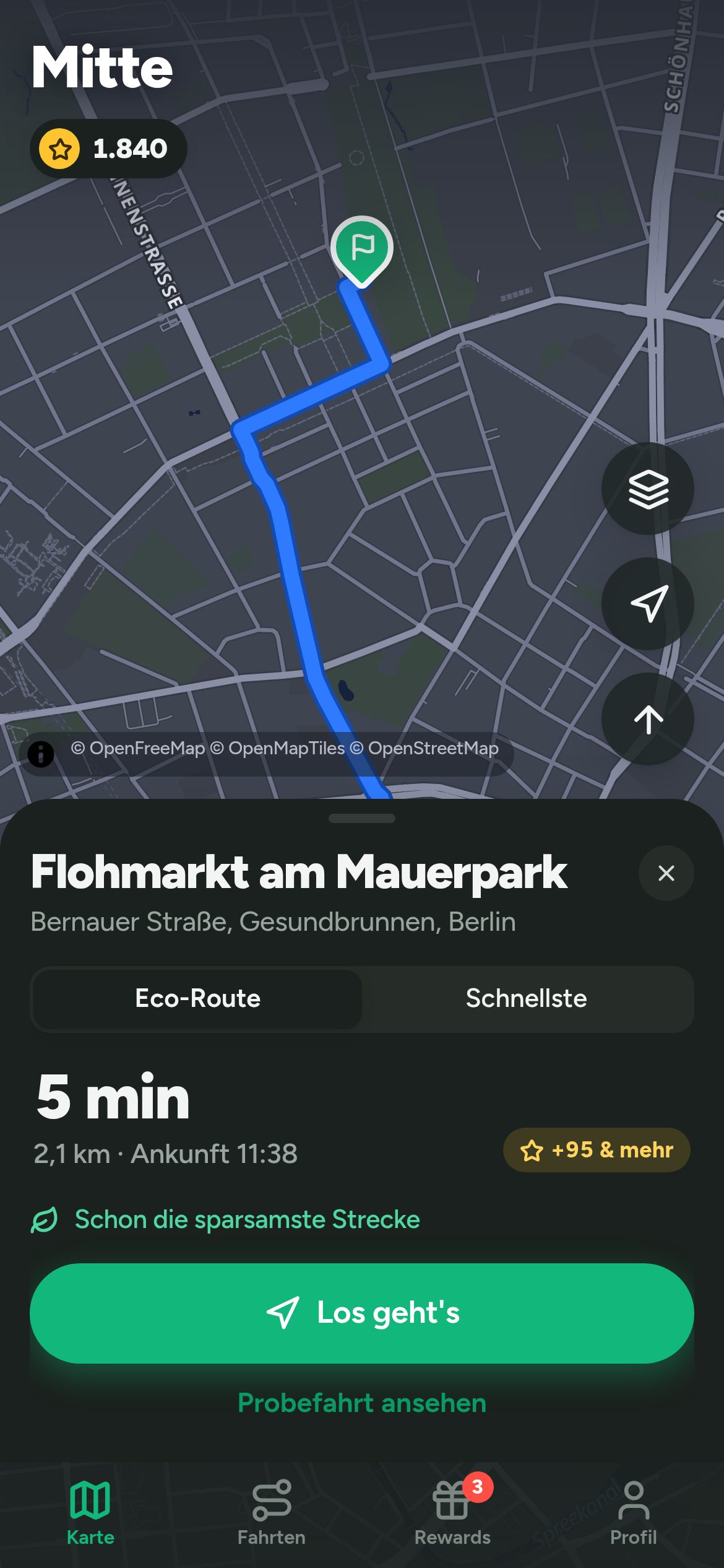 Routenvorschau mit Eco-Route, 5 Minuten und +95 Punkten
